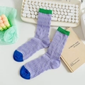 Purple crew sock with green cuff and blue toe in textured knit cotton blend fabric - One Size / Multicolor Purple (Green Cuff/Blue Toe)