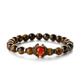 Detailed view of tiger eye stone beads with a red agate center in vintage bronze setting - Yellow Tiger Eye Prong Red Bead Bracelet