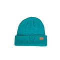 Detail of teal knit beanie featuring thick textured weave and brown decorative label - M (56-58cm) / Lake Blue