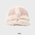 Bonnet d'hiver en crochet rose et blanc avec bordure en fausse fourrure douce - M (54-58cm) / Rose