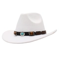 White felt western cowboy hat with decorative beaded band and blue turquoise stone accent - Kids [52-54cm] / White Cowboy (Wood Beads & Turquoise)