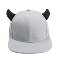 Light gray flat brim baseball cap with distinctive black 3D devil horns decoration - Gray
