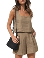 Ensemble 2 pièces en lin pour femme avec haut sans manches et short kaki à taille haute - S / Khaki Foncé