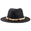 Detail of black straw fedora showing woven band with shells and amber-like beads - M (56-58cm) / Black