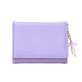 Short tri-fold purple wallet with gold chain and small pink bow pendant on white background - Purple