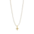 Detailed shot of white baroque pearl necklace with a golden star-shaped cubic zirconia pendant - 925 Sterling Silver / Gold - Eight-pointed Star