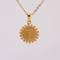 18K gold plated stainless steel necklace featuring a beaded round pendant with letter T - T (With Chain)