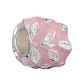 Pink enamel daisy bead with silver leaf patterns and crystal accents for bracelets - Pink Enamel Leaf Bead (010)