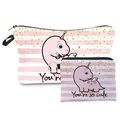 Detailed view of two striped unicorn cosmetic bags with gold glitter stars and cute text - HLZH212-Pink White Unicorn