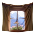 Bohemian tapestry featuring a mountain landscape through a wooden window frame - Zj714-1