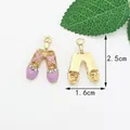 Golden ballet slipper charms with purple enamel and rhinestone accents, 2.5cm size - Purple Ballet Shoes