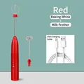 Red cordless electric milk frother set with two whisk heads and a USB charging cable - Double Head Set / Red