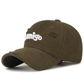 Distressed olive green baseball cap featuring white Amigo embroidery and vintage rips - Dark Coffee