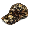 Detail of black baseball cap with gold graffiti pattern showing cartoon girl and texture - M (56-58cm) / Black
