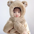 Set 3 in 1 in peluche marrone chiaro con cappello sciarpa e guanti per bambini piccoli - Stile orecchie da bambino / Cachi