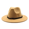 Detailed view of camel wool fedora hat with wide brim and black braided decorative band - Camel