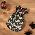 Halloween pumpkin print dog dress with red glitter bow on light wood background - Halloween Pumpkin Vest Black