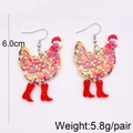 Boucles d'oreilles poule de Noël avec chapeau festif et guirlandes lumineuses - Coq Blanc avec Bonnet de Noël et Bottes Rouges (Double face) (JE1073A)