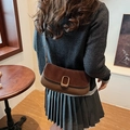 Chic two-tone brown underarm bag with gold oval buckle and suede texture flap - Brown