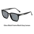 Square sunglasses in glossy black frame with black grey lenses and silver metal accent - Glossy Black Frame Grey Lens