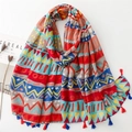 Bohemian geometric print cotton linen scarf with colorful tassels and retro patterns - SL2202-026 (Colorful Patchwork Ethnic Style)