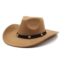 Detail of camel wool fedora with a studded black leather band and wide brim design - M(56-58cm) / Khaki
