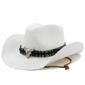 White straw cowboy hat with ethnic band and silver bull skull detail for sun protection - M (56-58cm) / Pure White