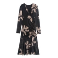 Eleganter V-Ausschnitt Langarmkleid in Schwarz mit beigen Blumen und Raffung an der Taille - XS / Schwarz