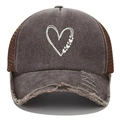 Detail of distressed brim and butterfly heart print on washed denim trucker hat - Coffee
