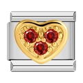 Italian modular charm in silver finish featuring a gold heart with three red gemstones - Gold Diamond Surface Style (0752) / Gold