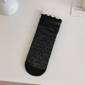 Lace mesh crew socks in black with lettuce edge and floral pattern for a Lolita style - Black Leaf