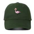 Dark green cotton baseball cap featuring detailed pink flamingo embroidery on the front - Army Green