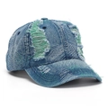 Close-up of distressed denim baseball cap with vintage frayed edges and green stitching - Indigo with Green Distressed Style (C)