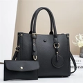 Litchi pattern black leather handbag set with tote and envelope bag on geometric background - Black