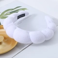 White puffy sponge headband with soft towel texture and handmade label shown on a tray - White (1# Sponge Headband)