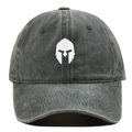 Close-up of white spartan helmet embroidery on washed dark grey cotton baseball cap - One Size / Army Green