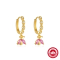 S925 sterling silver gold earrings with pink gemstones and insect wing design details - Pink Insect Pendant Style (Gold#2) / 925 Silver
