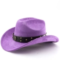 Détail chapeau de cowboy violet avec bande en cuir et insigne de tête de taureau - M (56-58cm) / Violet Taro