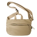 Detailed close-up of beige nylon crossbody bag with adjustable wide strap and buckle - Khaki