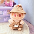 Labubu plush doll accessory featuring a brown bear hat and cute overall outfit - Brown Persimmon Hat + Brown Checkered Overalls / First And Second Generation Keychains Are Compatible With La Cloth Dolls. Dolls Not Included.