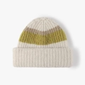 Thick wool knit beanie with striped color block in cream, khaki and moss green - One Size / Beige