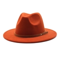 Detail of rust red wool fedora hat featuring a brown leather band and silver rivet - M (56-58cm) / Rust red