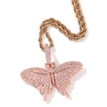 Hip hop butterfly pendant necklace in rose gold with pink zircon micro-pave crystals - Rose Gold Pink Zirconia Butterfly + Twist Chain