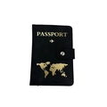 Detail of RFID blocking passport holder in black PU leather with gold map engraving - Small Airplane & Map Pattern / Black