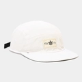 Detail of five-panel cream canvas camping hat with maple leaf patch and flat brim - Adjustable / White