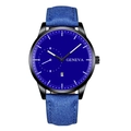 Close-up of minimalist blue dial and matte leather strap of a men's quartz watch - Blue Strap Black Case Blue Dial