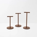 Three walnut wood T-shaped earring display stands in dark brown with natural wood grain - 1pc each of S/M/L