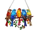 Vibrant 2D acrylic suncatcher featuring five colorful birds on a flowering branch - Five Birds Pink Flowers-OPP Bag