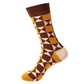 Retro geometric diamond pattern mid-calf socks in brown and mustard yellow colors - 1093-Brown Yellow Argyle
