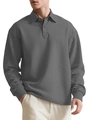 Grey long sleeve textured jacquard polo shirt for men featuring a classic button lapel - S / Gray